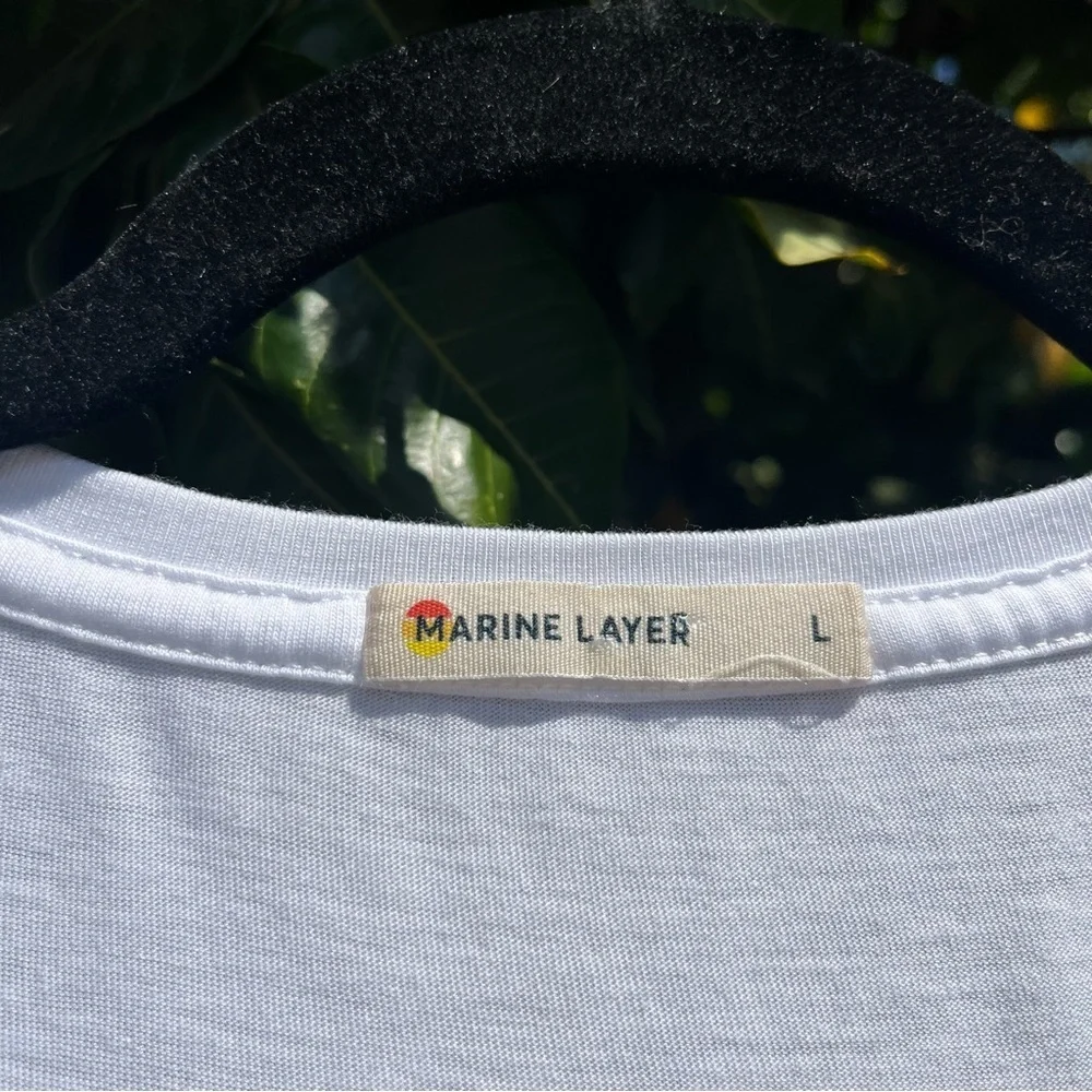MARINE LAYER‎ white knit sport graphic long sleeve crew neck T-shirt